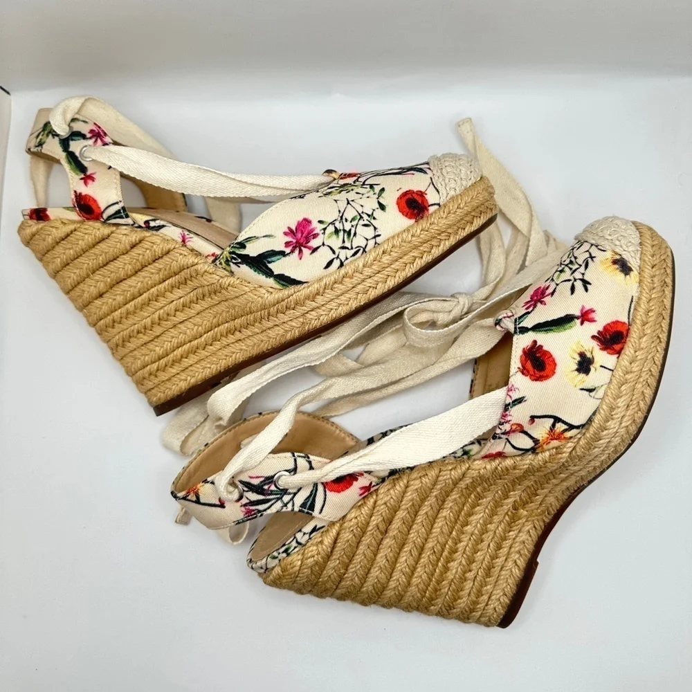 Schutz Multi Floral Tie Up Ankle Wrap Rounded Espadrille Wedge Sz 5.5/EUR 36